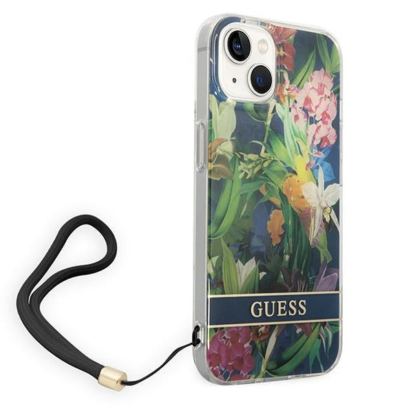 Guess Flower Strap dėklas iPhone 14 – mėlynas