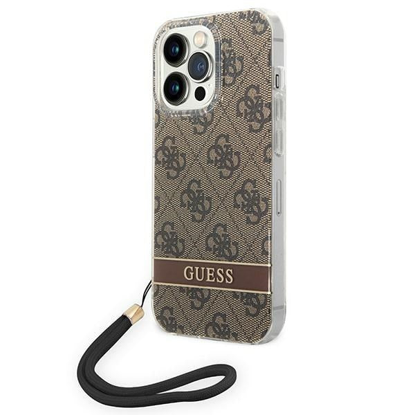 Guess dėklas iPhone 14 Pro Max – rudas su dirželiu