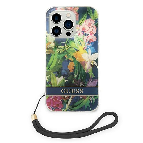 Guess dėklas iPhone 14 Pro Max – mėlynas su dirželiu