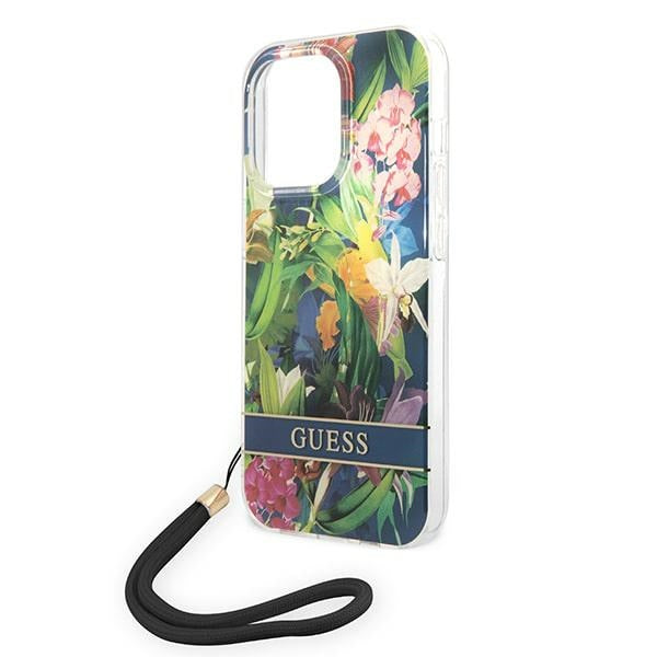Guess dėklas iPhone 14 Pro Max – mėlynas su dirželiu