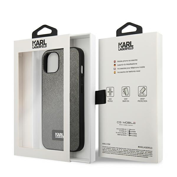 Karl Lagerfeld Saffiano Plaque dėklas iPhone 13 mini – sidabrinis