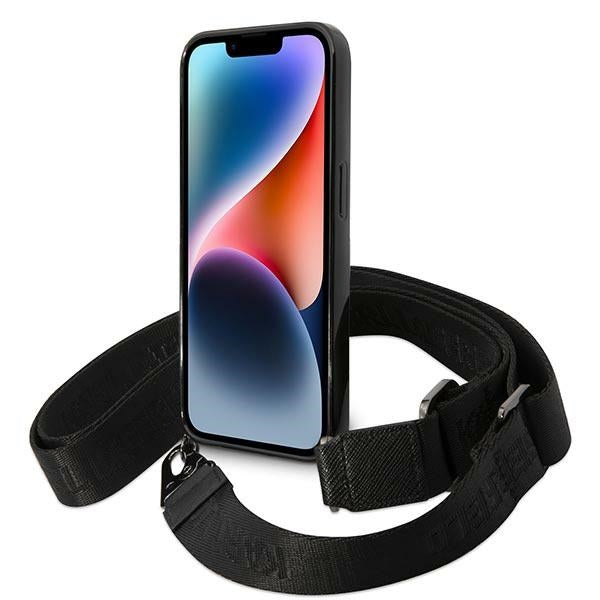 Karl Lagerfeld dėklas iPhone 14 Pro Max – rožinis su dirželiu