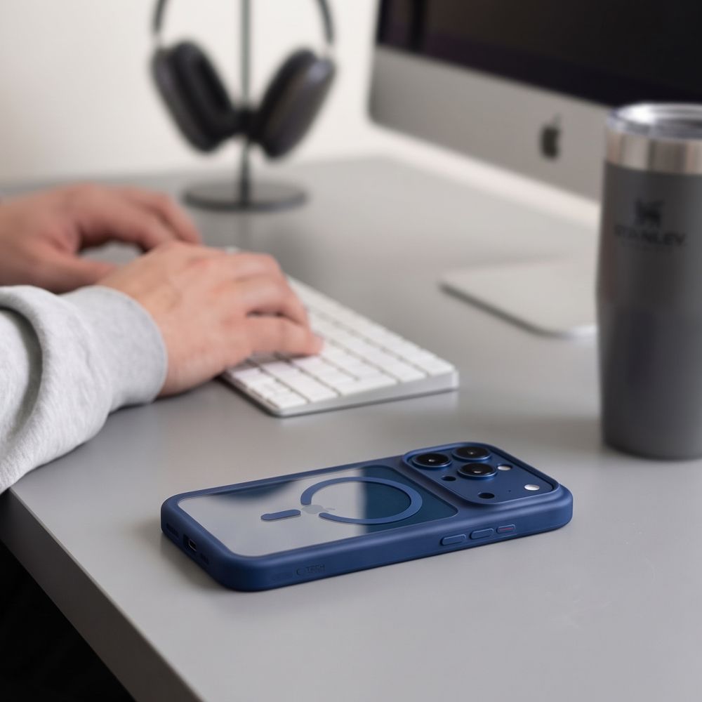 Dėklas Tech-Protect MagOne MagSafe CC + apsauginis stiklas 2 vnt. iPhone 17 Pro / 18 Pro, tamsiai mėlyna/skaidrus --...