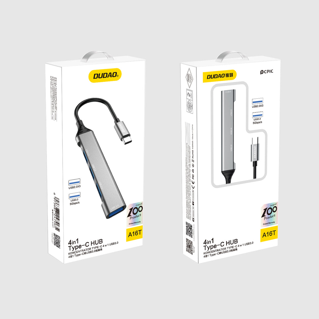 Dudao HUB 4in1 USB-C - 4x USB-A (3 x USB2.0 / USB3.0) 6.3cm juodas (A16T) -- USB Hubs