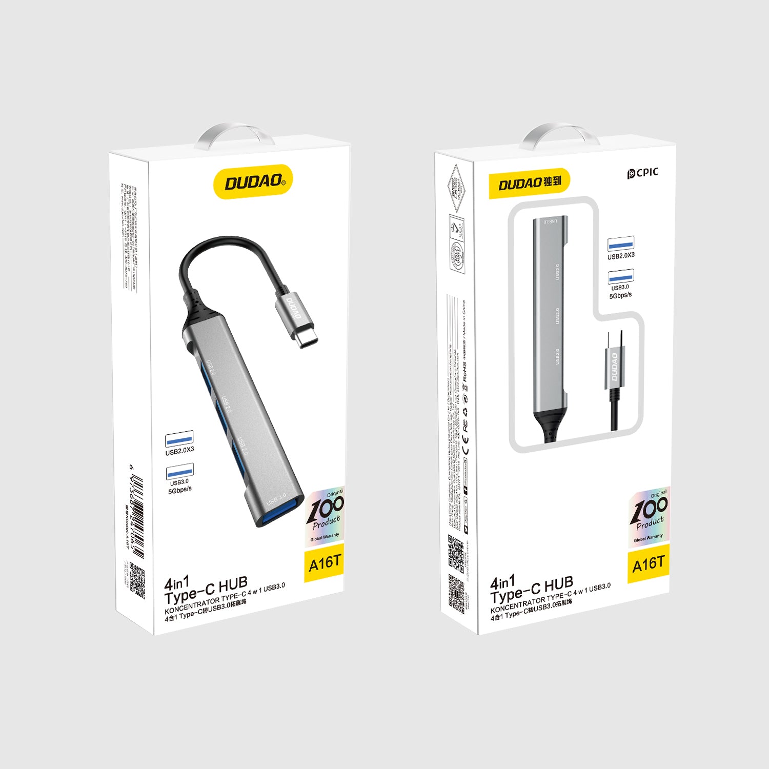Dudao HUB 4in1 USB-C - 4x USB-A (3 x USB2.0 / USB3.0) 6.3cm juodas (A16T) -- USB Hubs
