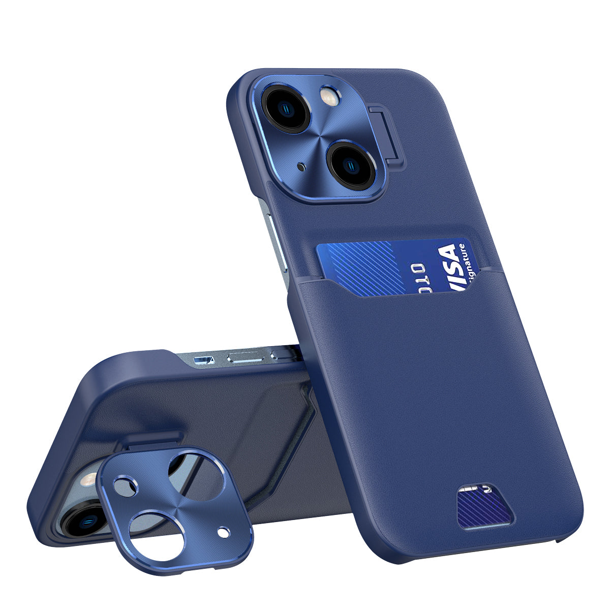 iPhone 14 odinis dėklas su stovu ir kortelei – mėlynas