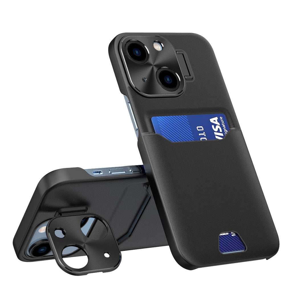 Juodas dėklas iPhone 14 Plus su stovu ir kortelei