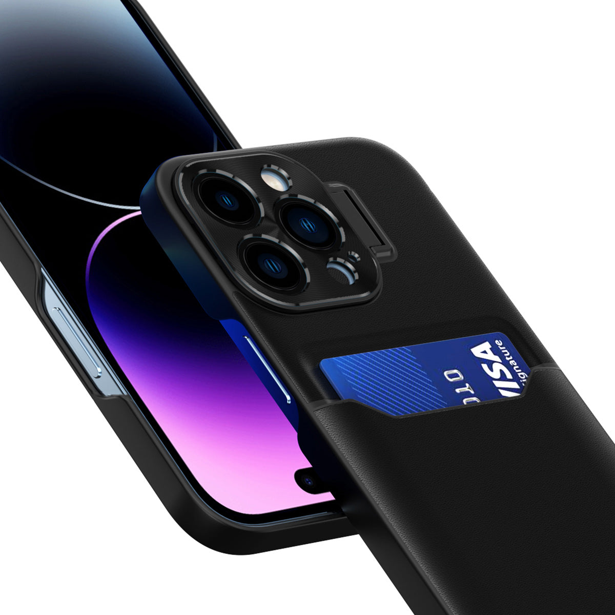 Juodas dėklas iPhone 14 Plus su stovu ir kortelei