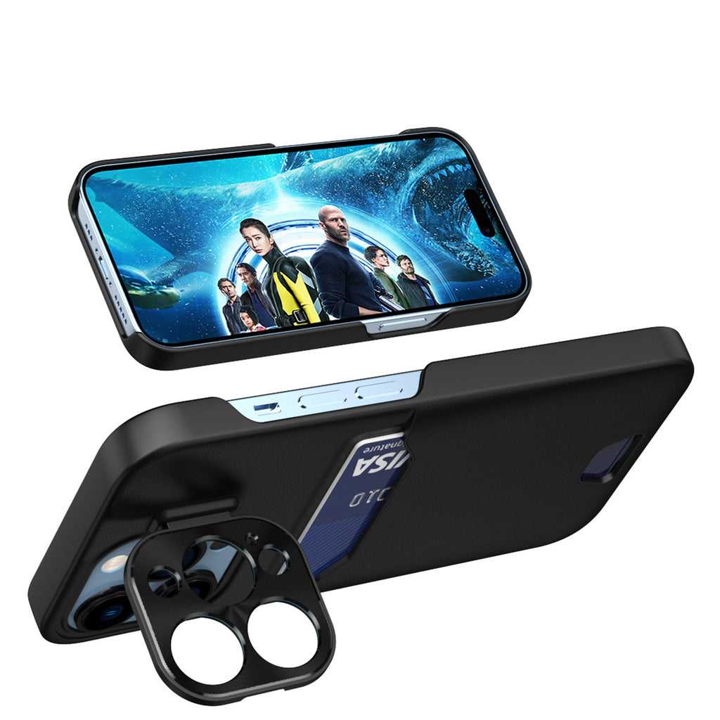 Juodas dėklas iPhone 14 Plus su stovu ir kortelei
