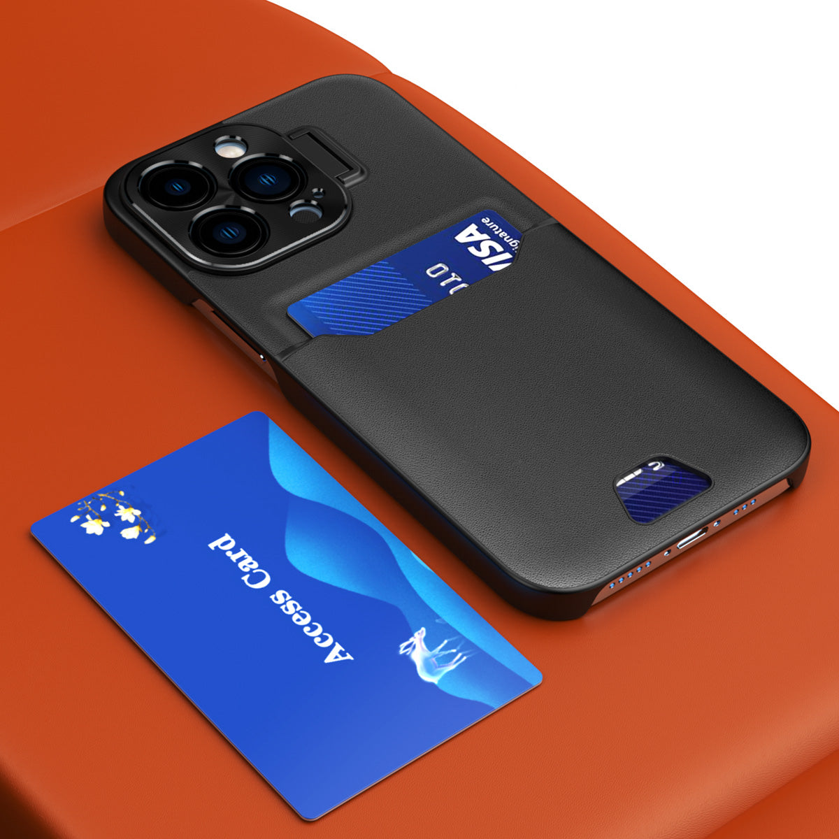 Juodas dėklas iPhone 14 Plus su stovu ir kortelei