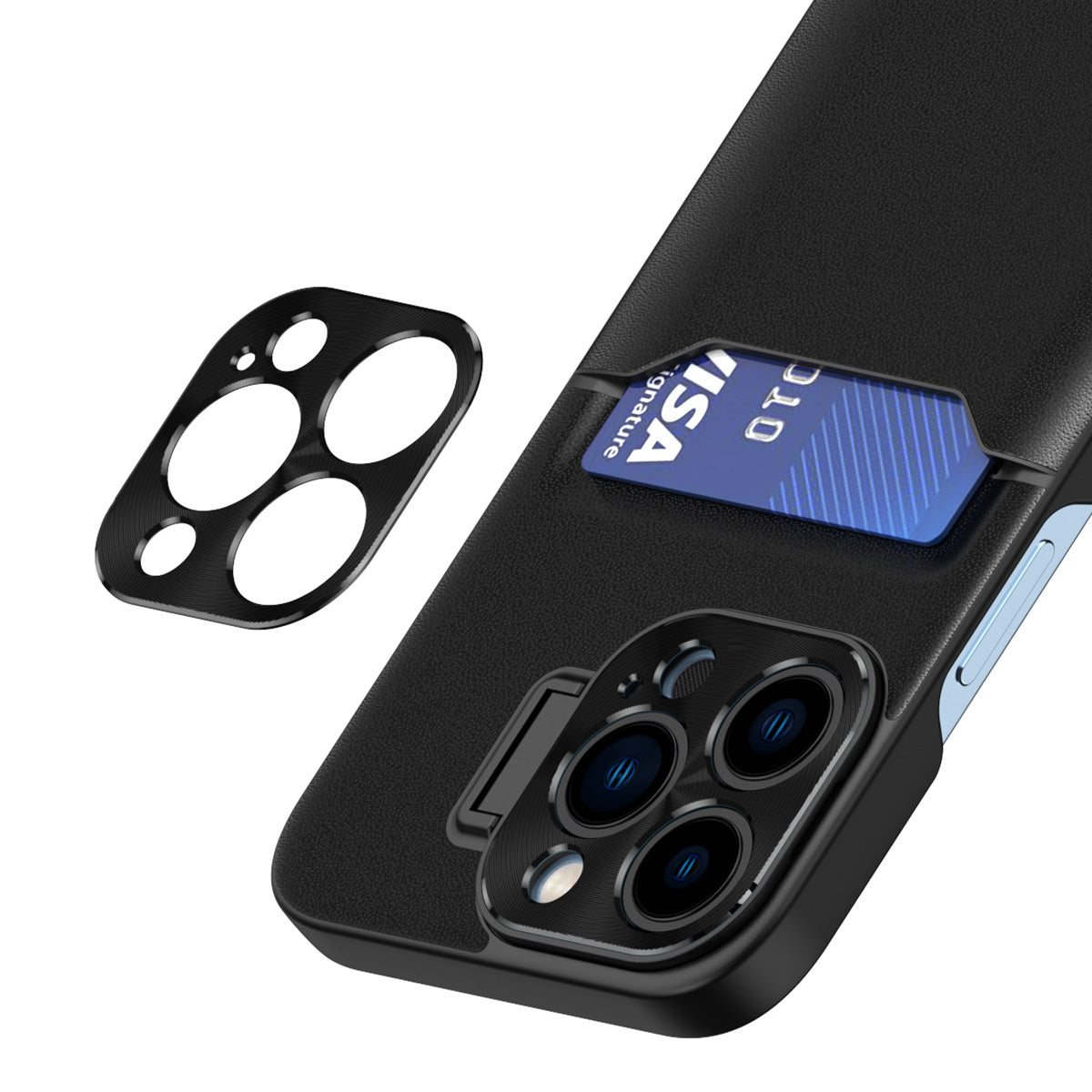 Juodas dėklas iPhone 14 Plus su stovu ir kortelei