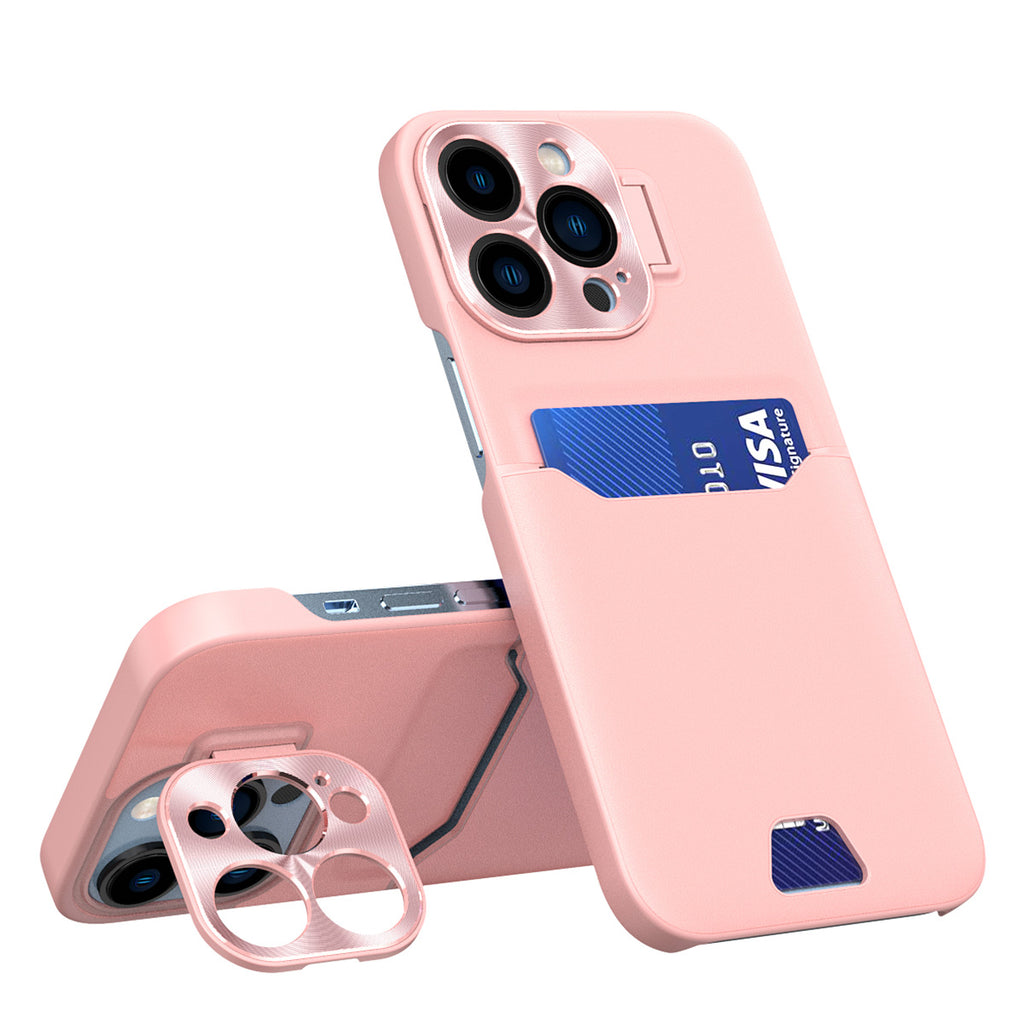 Odinis dėklas iPhone 14 Pro su kišenele ir stovu – rožinis