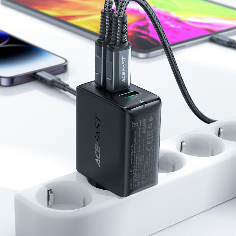 Acefast Greitas GaN įkroviklis (2xUSB-C / USB-A) PPS / PD / QC4+ 65W, juodas (A41)