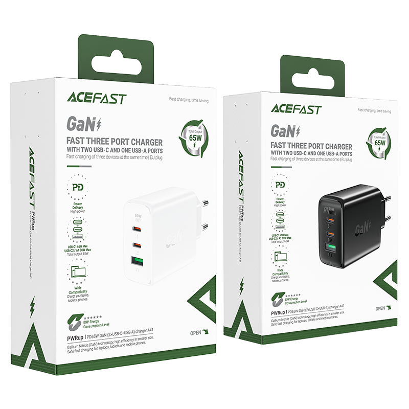 Acefast Greitas GaN įkroviklis (2xUSB-C / USB-A) PPS / PD / QC4+ 65W, juodas (A41)