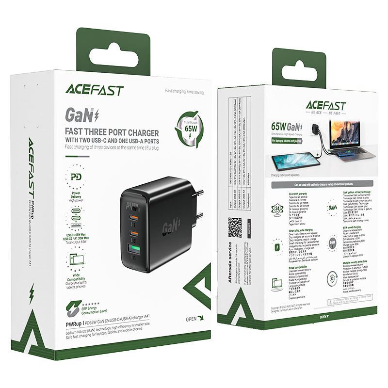 Acefast Greitas GaN įkroviklis (2xUSB-C / USB-A) PPS / PD / QC4+ 65W, juodas (A41)