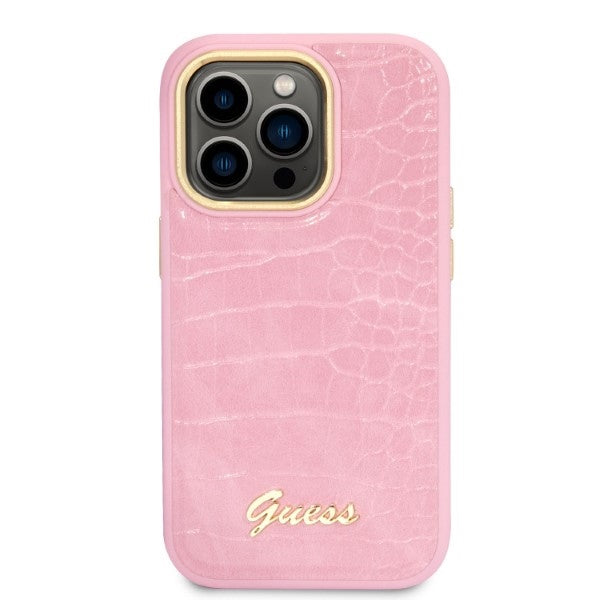 Guess Croco Collection dėklas iPhone 14 Pro – rožinis