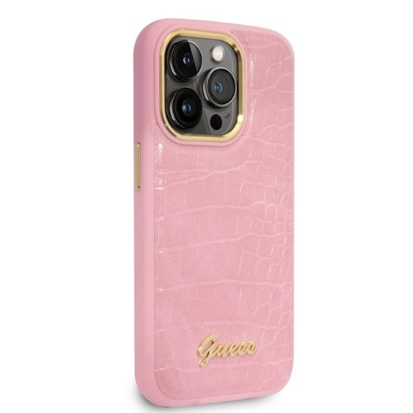 Guess Croco Collection dėklas iPhone 14 Pro – rožinis