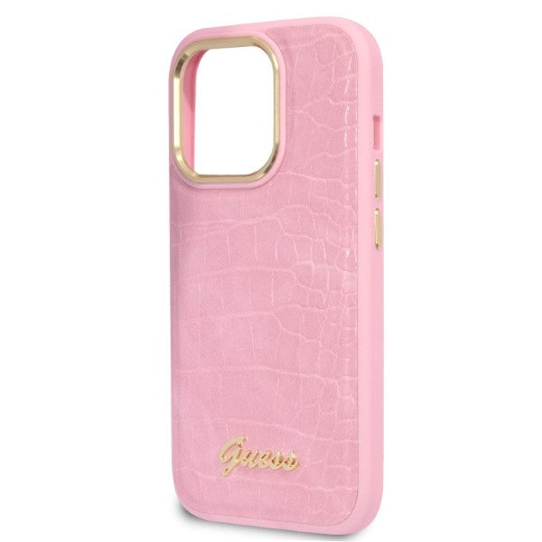 Guess Croco Collection dėklas iPhone 14 Pro – rožinis