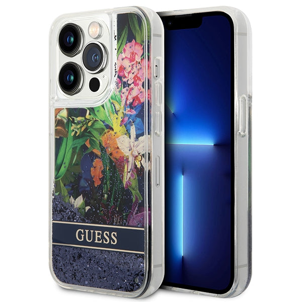 Guess dėklas iPhone 14 Pro Max – mėlynas, gėlės ir blizgučiai