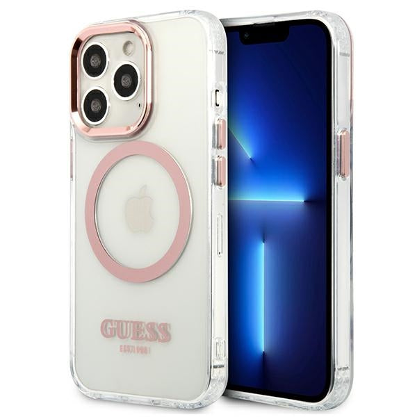Guess Metal Outline MagSafe dėklas iPhone 13/13 Pro – rožinis