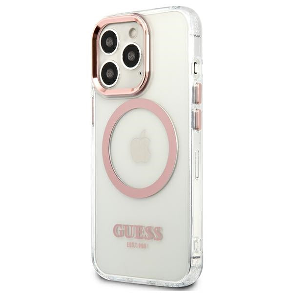 Guess Metal Outline MagSafe dėklas iPhone 13/13 Pro – rožinis