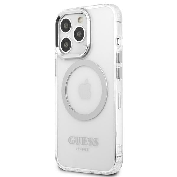 Guess Metal Outline MagSafe dėklas iPhone 13/13 Pro – sidabrinis