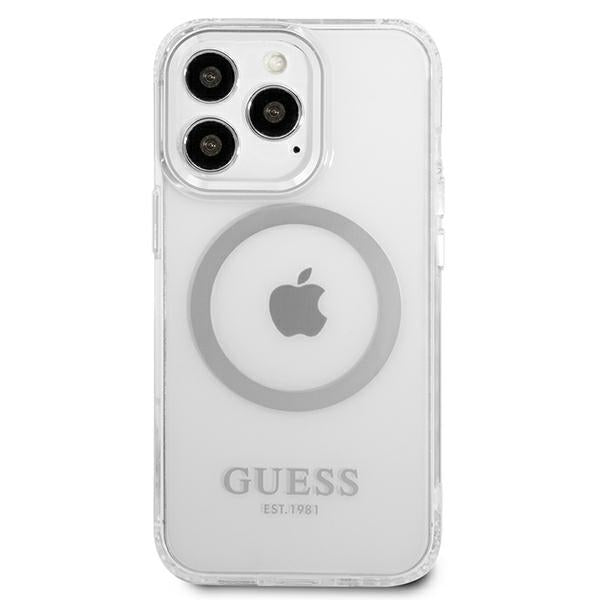 Guess Metal Outline MagSafe dėklas iPhone 13/13 Pro – sidabrinis