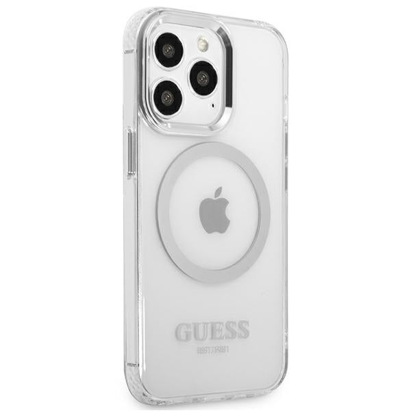 Guess Metal Outline MagSafe dėklas iPhone 13/13 Pro – sidabrinis