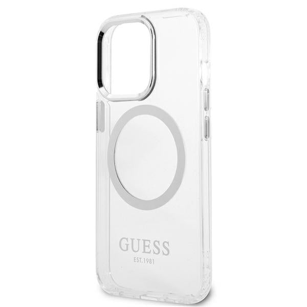 Guess Metal Outline MagSafe dėklas iPhone 13/13 Pro – sidabrinis