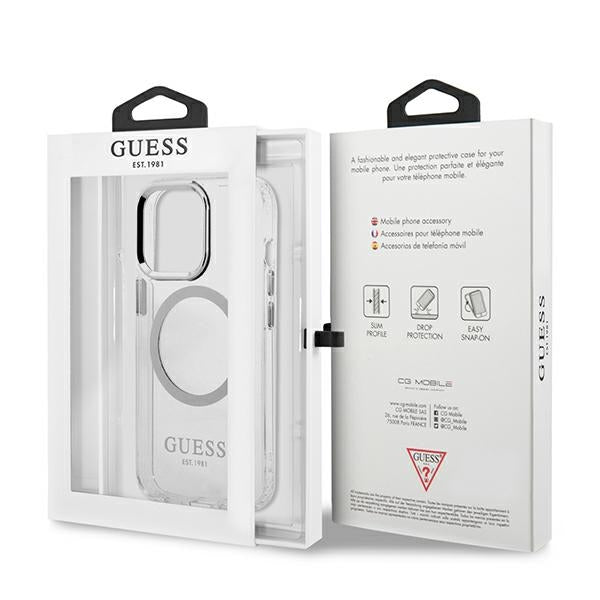 Guess Metal Outline MagSafe dėklas iPhone 13/13 Pro – sidabrinis