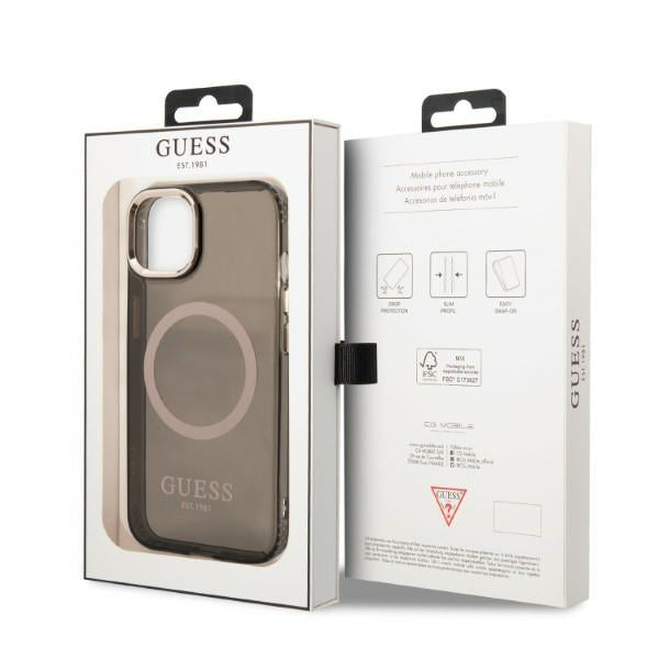 Guess MagSafe dėklas iPhone 13 – juodas, auksiniai akcentai