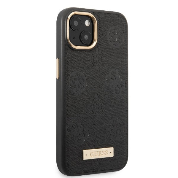 Guess MagSafe dėklas iPhone 13 – juodas (Peony Logo Plate)