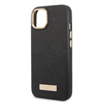 Guess MagSafe dėklas iPhone 13 – juodas (Peony Logo Plate)