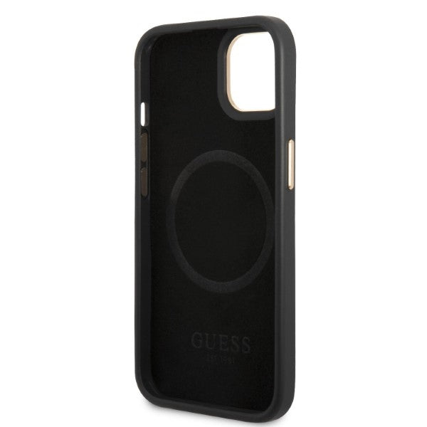 Guess MagSafe dėklas iPhone 13 – juodas (Peony Logo Plate)