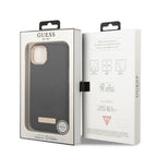 Guess MagSafe dėklas iPhone 13 – juodas (Peony Logo Plate)