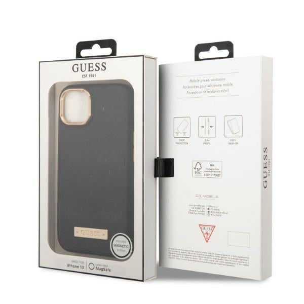 Guess MagSafe dėklas iPhone 13 – juodas (Peony Logo Plate)