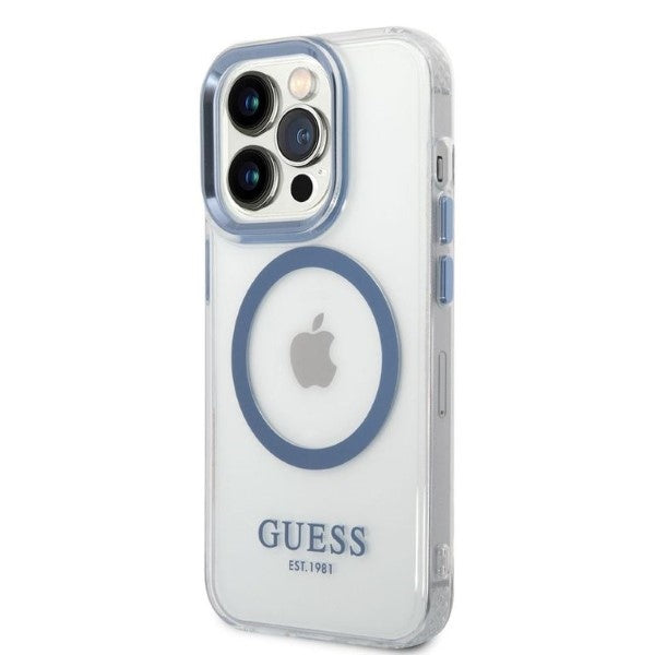 Guess Metal Outline MagSafe dėklas iPhone 14 Pro – mėlynas