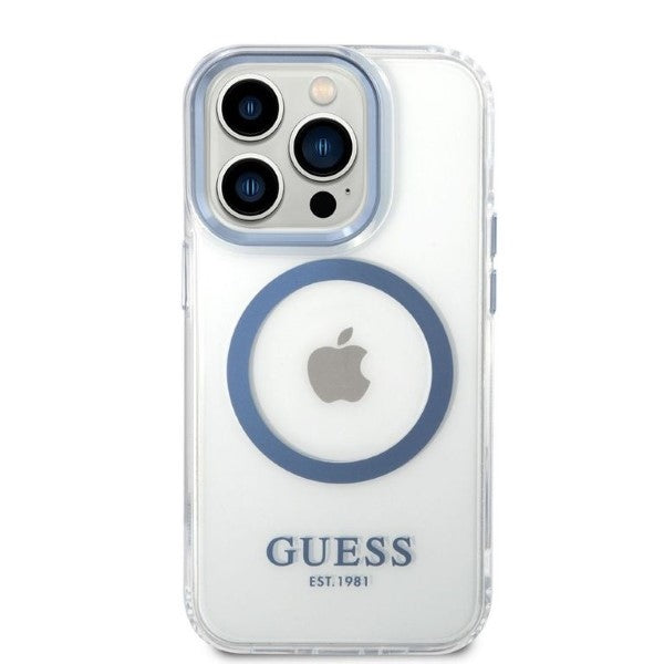 Guess Metal Outline MagSafe dėklas iPhone 14 Pro – mėlynas