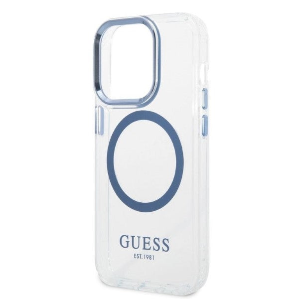 Guess Metal Outline MagSafe dėklas iPhone 14 Pro – mėlynas