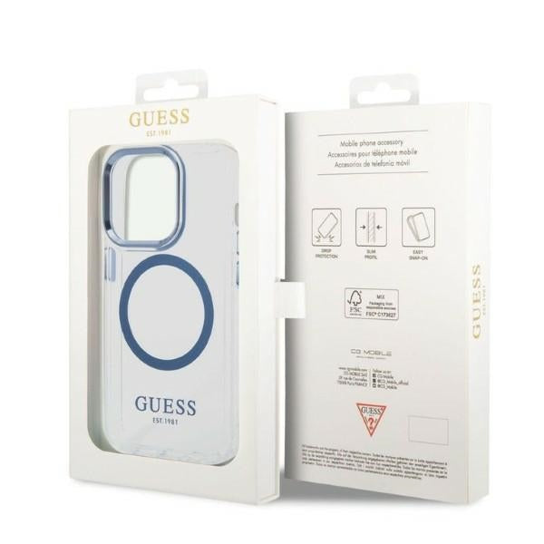 Guess Metal Outline MagSafe dėklas iPhone 14 Pro – mėlynas