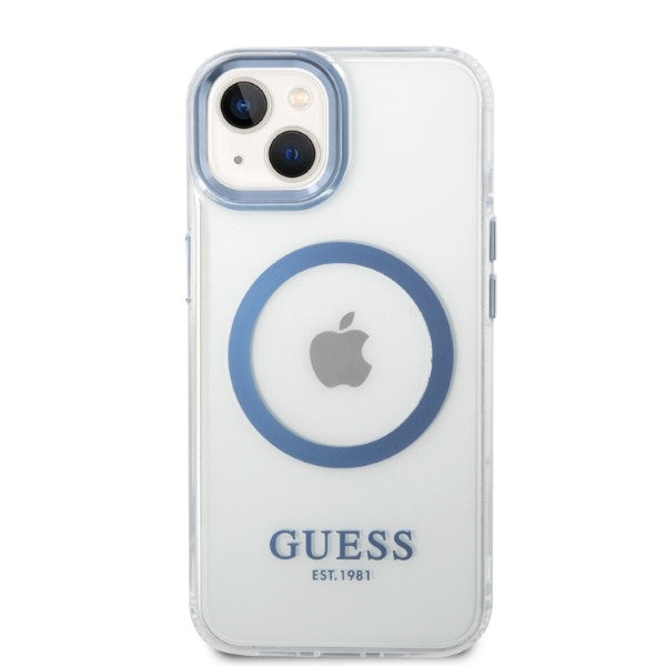 Guess Metal Outline MagSafe dėklas iPhone 14 Plus – mėlynas