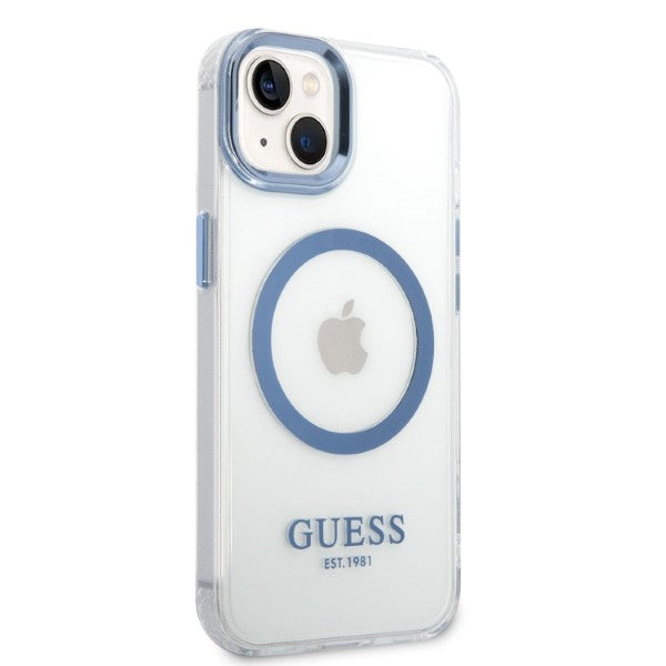 Guess Metal Outline MagSafe dėklas iPhone 14 Plus – mėlynas