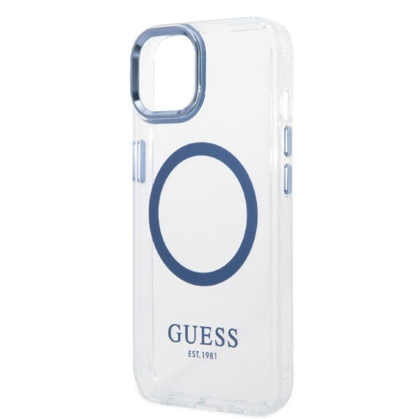 Guess Metal Outline MagSafe dėklas iPhone 14 Plus – mėlynas