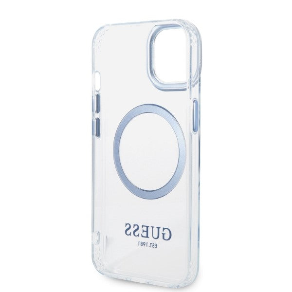 Guess Metal Outline MagSafe dėklas iPhone 14 Plus – mėlynas