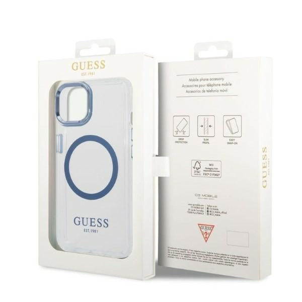 Guess Metal Outline MagSafe dėklas iPhone 14 Plus – mėlynas