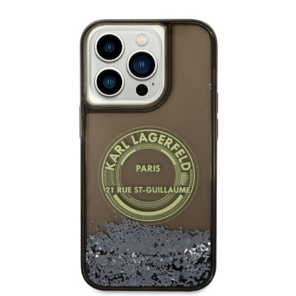 Karl Lagerfeld Liquid Glitter RSG dėklas iPhone 14 Pro – juodas