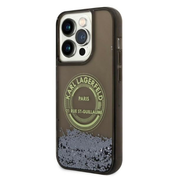 Karl Lagerfeld Liquid Glitter RSG dėklas iPhone 14 Pro – juodas