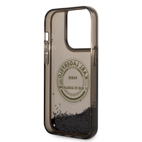 Karl Lagerfeld Liquid Glitter RSG dėklas iPhone 14 Pro – juodas
