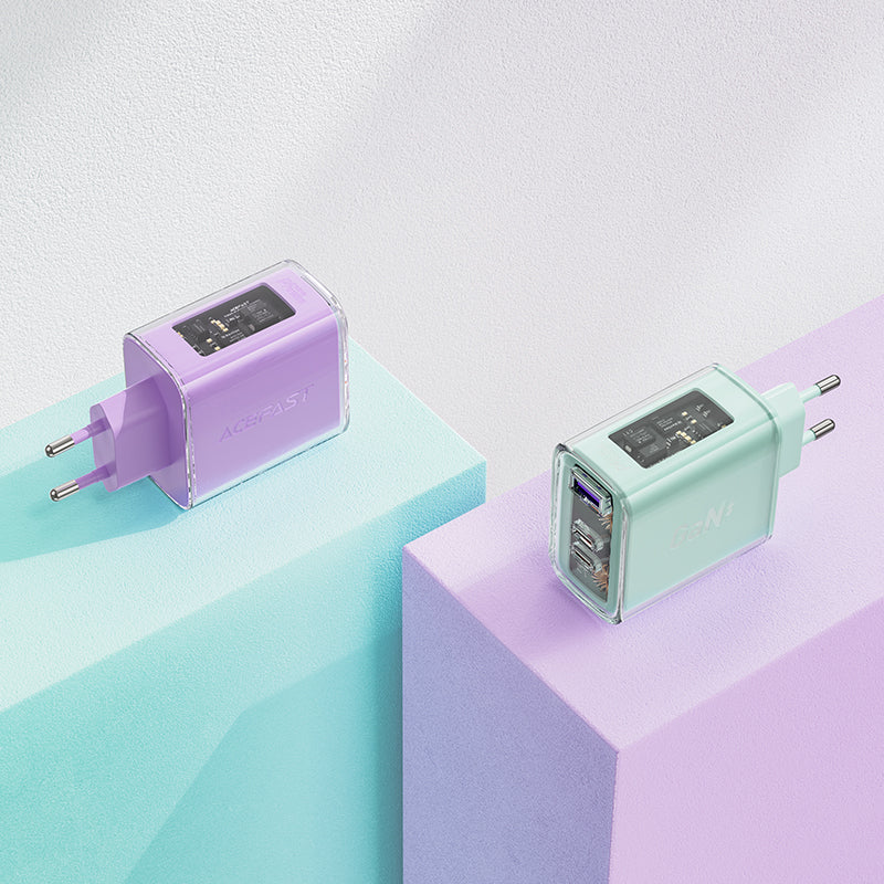 Acefast GaN įkroviklis 65W, 3 jungčių (1xUSB, 2xUSB C), violetinis (A45)