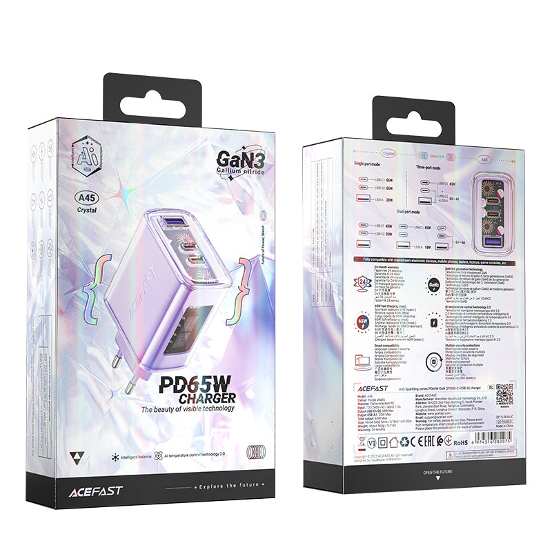 Acefast GaN įkroviklis 65W, 3 jungčių (1xUSB, 2xUSB C), violetinis (A45)
